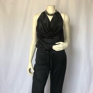 Black Halter Top Silk Woven Genie Leg Jumpsuit